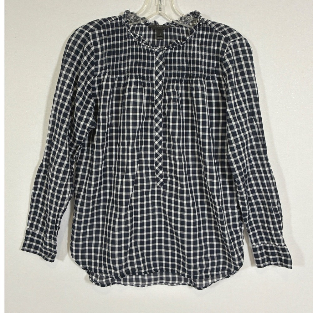 J.Crew Womens 2 Navy Blue White Gingham Pintuck Ruffle Neck Cotton Blouse